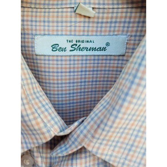 Ben Sherman Orange Blue Plaid, Long Sleeve Button Down Preppy Shirt - Picture 4 of 13